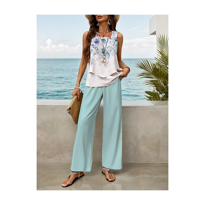 Women Floral Printing Two-Piece Set Daily Sleeveless Casual Summer Top With Pants Matching Set
