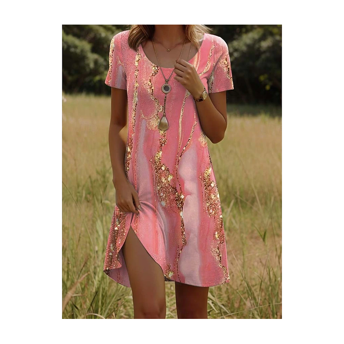 Women Abstract Short Sleeve Summer Printing Dress Crew Neck Daily Casual Mini Tunic H-Line Dress