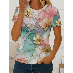 Women Floral Short Sleeve Tee T-shirt Crew Neck Printing Casual Summer Graphic Tee Top