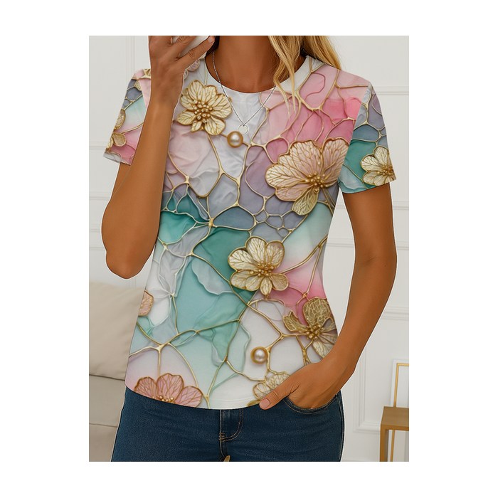 Women Floral Short Sleeve Tee T-shirt Crew Neck Printing Casual Summer Graphic Tee Top