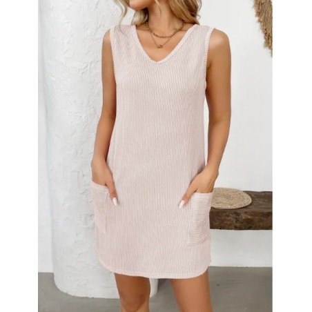 Women Plain Sleeveless Summer Dress V Neck Daily Casual Midi Tank H-Line Dress