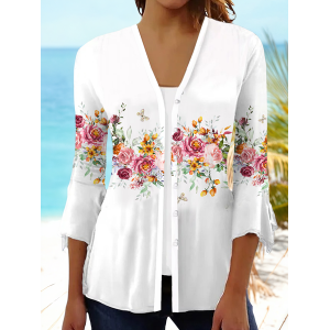 Women Floral Spring/Fall Cover-up Casual Printing Lightweight Cardigan