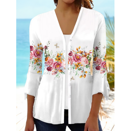 Women Floral Spring/Fall Cover-up Casual Printing Lightweight Cardigan