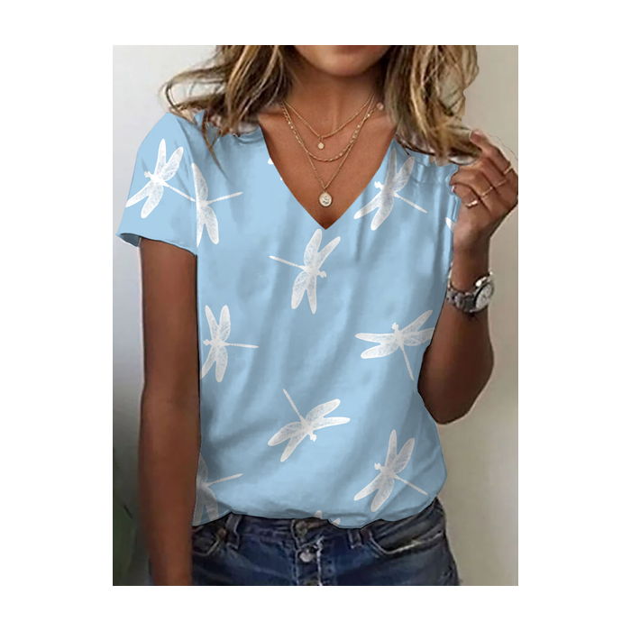 Women Dragonfly Short Sleeve Tee T-shirt V Neck Printing Casual Summer Graphic Tee Top