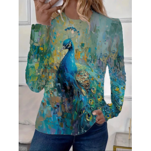 Women Peacock Long Sleeve Tee T-shirt Crew Neck Printing Casual Spring/Fall Graphic Tee Top