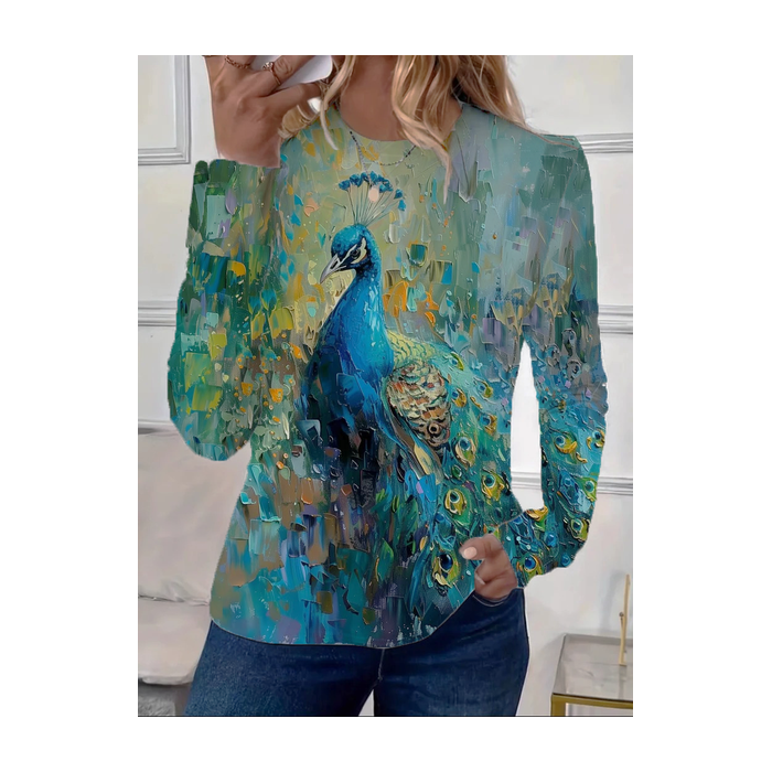 Women Peacock Long Sleeve Tee T-shirt Crew Neck Printing Casual Spring/Fall Graphic Tee Top