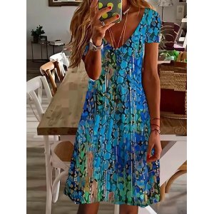 Women Abstract Short Sleeve Summer Printing Dress V Neck Daily Casual Midi Fit & Flare Dress A-Line Dress
