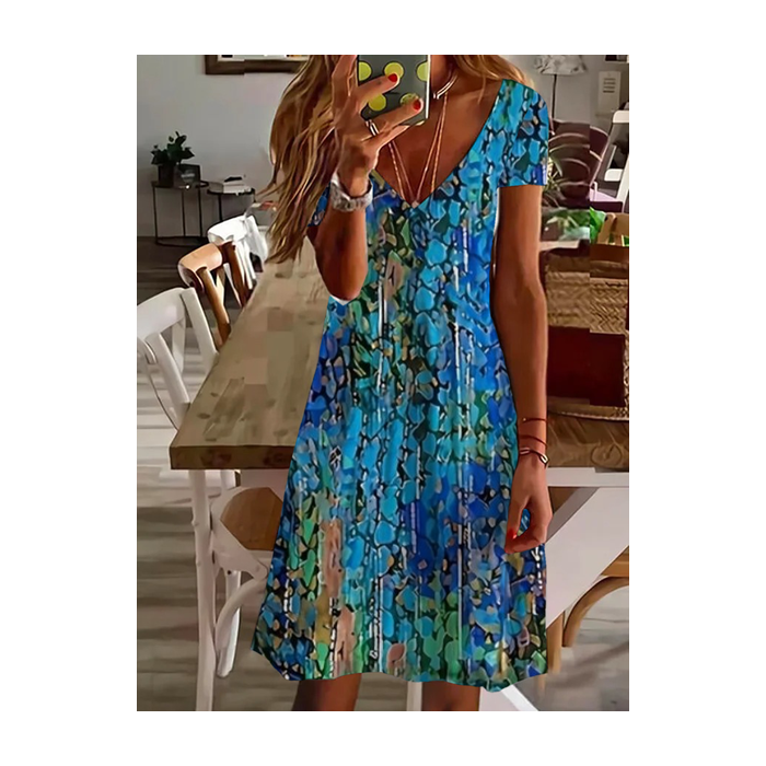 Women Abstract Short Sleeve Summer Printing Dress V Neck Daily Casual Midi Fit & Flare Dress A-Line Dress