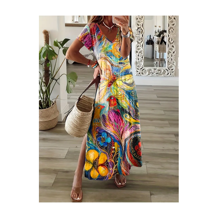 Women Floral Short Sleeve Summer Printing Dress V Neck Daily Casual Maxi T-Shirt Dress X-Line Dress