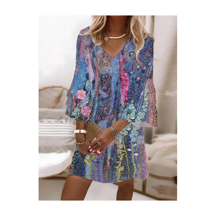 Women Floral Half Sleeve Summer Printing Dress V Neck Daily Casual Midi Classic H-Line Dress