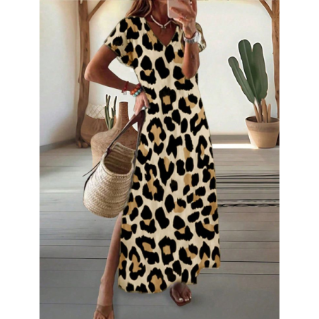 Women Leopard Short Sleeve Summer Printing Dress V Neck Daily Casual Maxi T-Shirt Dress X-Line Dress