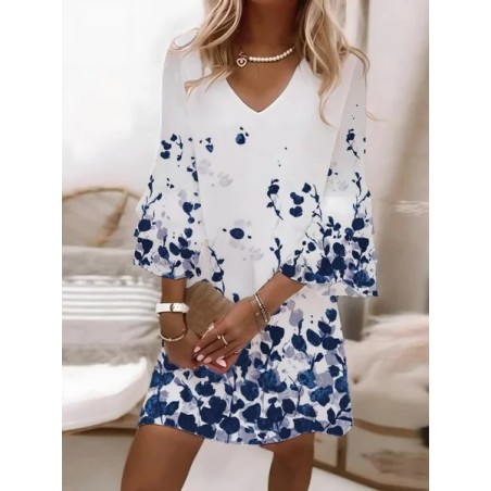 Women Floral Half Sleeve Summer Printing Dress V Neck Daily Casual Midi Classic H-Line Dress