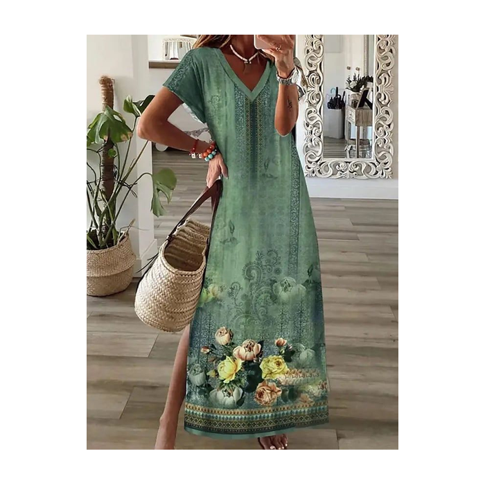Women Floral Short Sleeve Summer Printing Dress V Neck Daily Casual Maxi T-Shirt Dress X-Line Dress