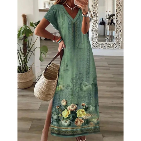 Women Floral Short Sleeve Summer Printing Dress V Neck Daily Casual Maxi T-Shirt Dress X-Line Dress