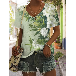 Women Floral Short Sleeve Tee T-shirt V Neck Printing Casual Summer Graphic Tee Top
