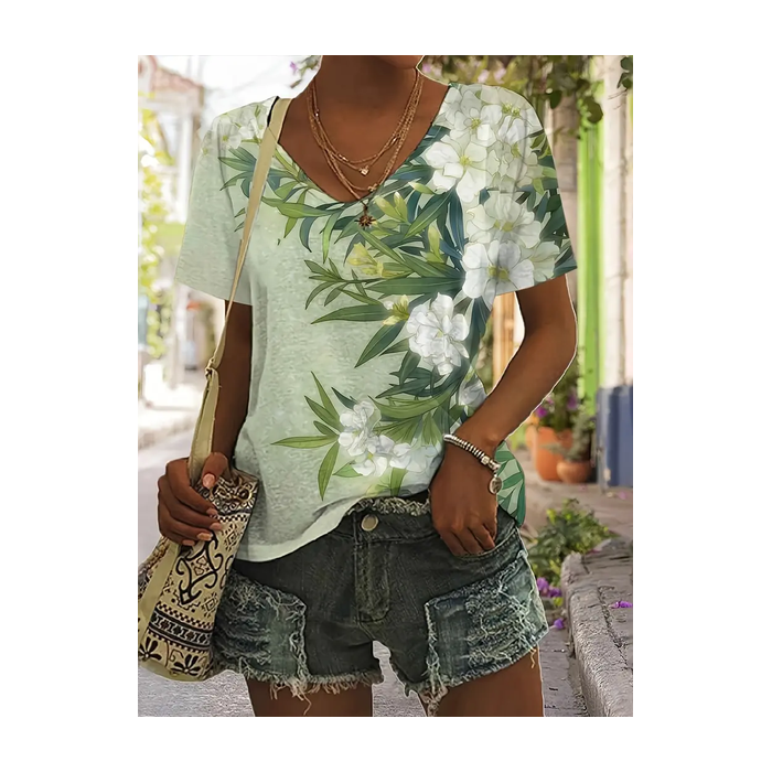 Women Floral Short Sleeve Tee T-shirt V Neck Printing Casual Summer Graphic Tee Top