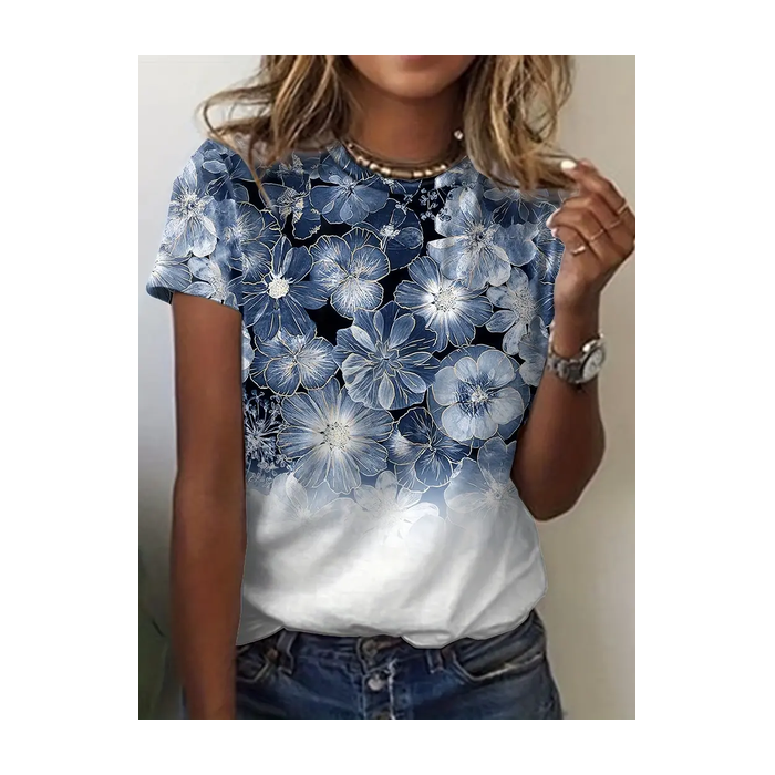 Women Floral Short Sleeve Tee T-shirt Crew Neck Printing Casual Summer Graphic Tee Top