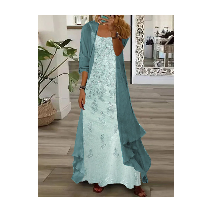 Women Floral Printing Two-Piece Set Daily Three Quarter Sleeve Casual Spring/Fall Dress With Coat Matching Set