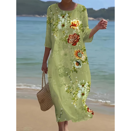 Women Floral Half Sleeve Summer Printing Dress Crew Neck Daily Casual Maxi H-Line Dress