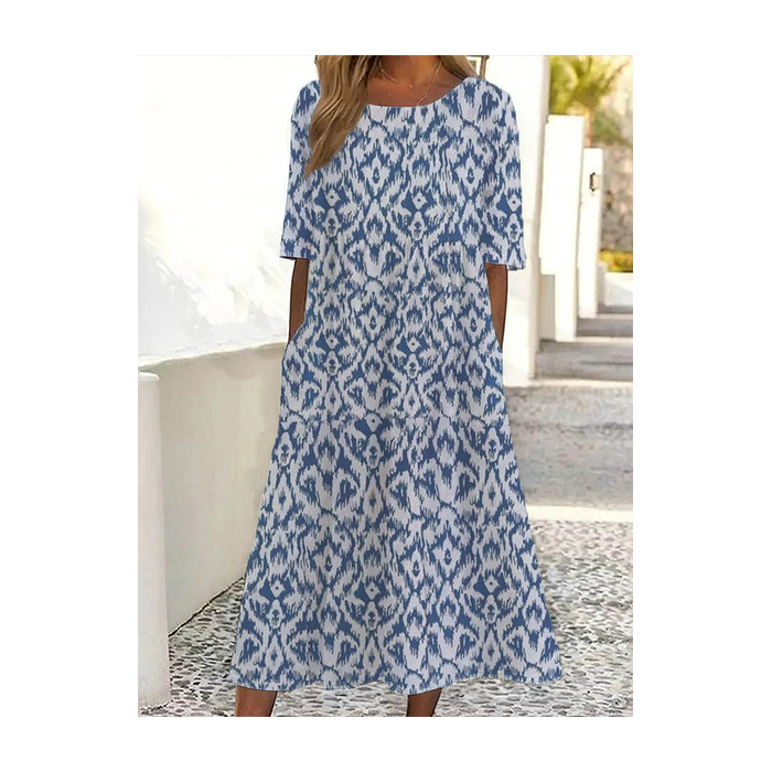 Women Floral Short Sleeve Summer Printing Dress Crew Neck Daily Casual Maxi Shift Dress H-Line Dress