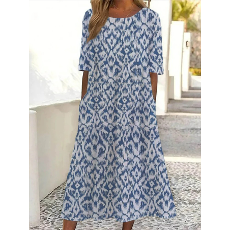 Women Floral Short Sleeve Summer Printing Dress Crew Neck Daily Casual Maxi Shift Dress H-Line Dress
