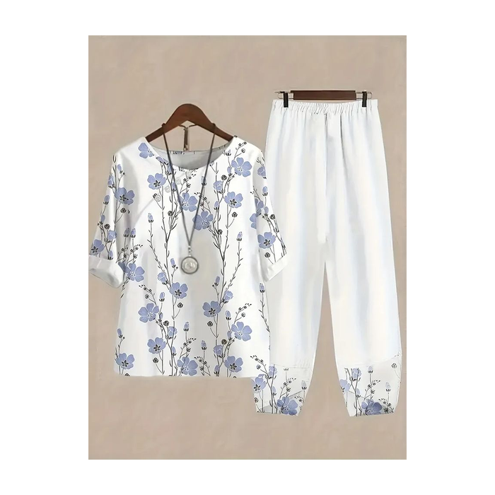 Women Floral Printing Two-Piece Set Daily Half Sleeve Casual Summer Top With Pants Matching Set