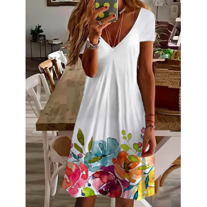 Women Floral Short Sleeve Summer Printing Dress V Neck Daily Casual Midi Fit & Flare Dress A-Line Dress