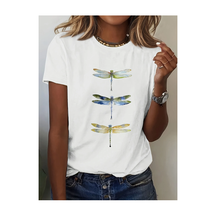 Women Dragonfly Short Sleeve Tee T-shirt Crew Neck Printing Casual Summer Graphic Tee Top