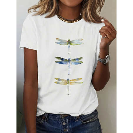 Women Dragonfly Short Sleeve Tee T-shirt Crew Neck Printing Casual Summer Graphic Tee Top