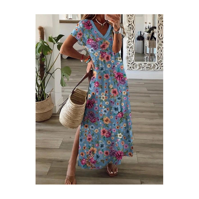 Women Floral Short Sleeve Summer Printing Dress V Neck Daily Casual Maxi T-Shirt Dress X-Line Dress
