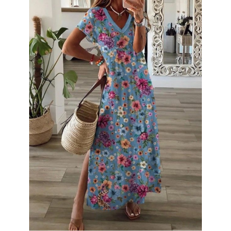 Women Floral Short Sleeve Summer Printing Dress V Neck Daily Casual Maxi T-Shirt Dress X-Line Dress