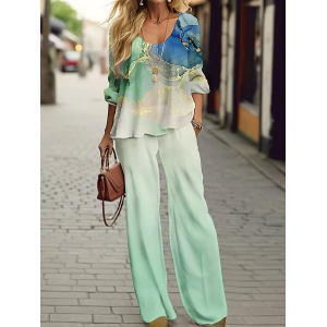 Women Abstract Printing Two-Piece Set Daily Long Sleeve Casual Spring/Fall Top With Pants Matching Set