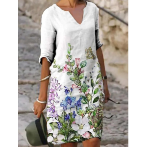 Women Floral Half Sleeve Summer Printing Dress V Neck Daily Casual Mini Shift Dress H-Line Dress