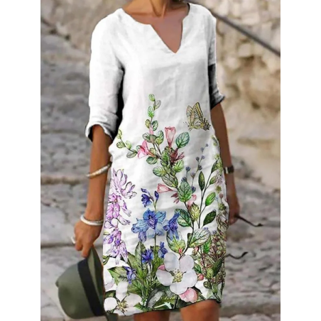 Women Floral Half Sleeve Summer Printing Dress V Neck Daily Casual Mini Shift Dress H-Line Dress
