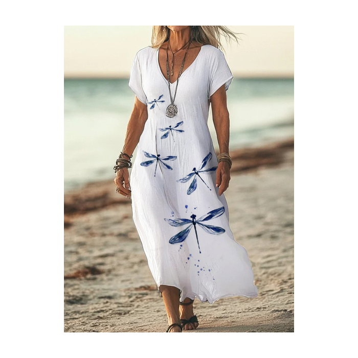 Women Dragonfly Short Sleeve Summer Printing Dress V Neck Daily Casual Maxi X-Line Dress