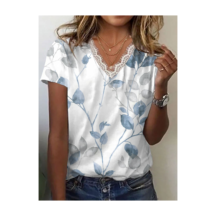 Women Floral Short Sleeve Tee T-shirt V Neck Printing Casual Summer Graphic Tee Top