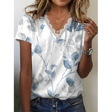 Women Floral Short Sleeve Tee T-shirt V Neck Printing Casual Summer Graphic Tee Top