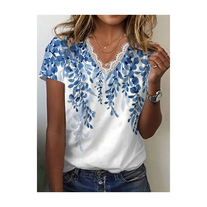 Women Floral Short Sleeve Tee T-shirt V Neck Printing Casual Summer Graphic Tee Top