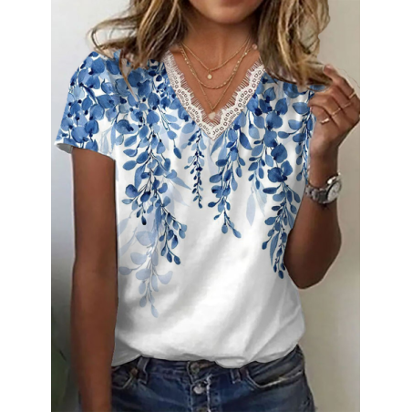 Women Floral Short Sleeve Tee T-shirt V Neck Printing Casual Summer Graphic Tee Top