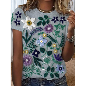 Women Floral Short Sleeve Tee T-shirt Crew Neck Printing Casual Summer Top
