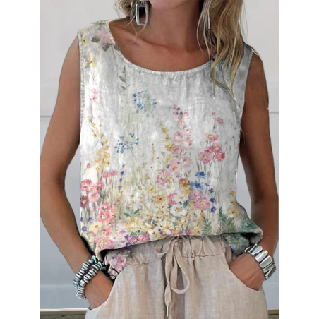 Women Sleeveless Tank Top Camisole Summer Floral Printing Crew Neck Daily Casual Top