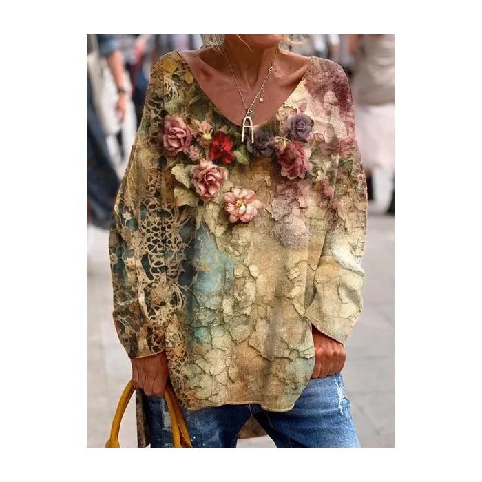 Women's Long Sleeve Tee T-shirt Spring/Fall Floral Printing V Neck Casual Top