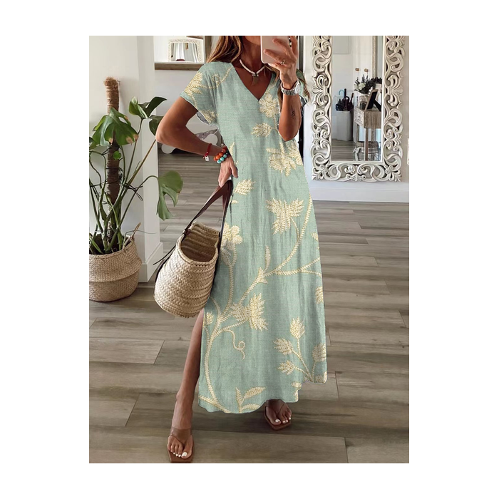 Women Floral Short Sleeve Summer Printing Dress V Neck Daily Casual Maxi T-Shirt Dress X-Line Dress