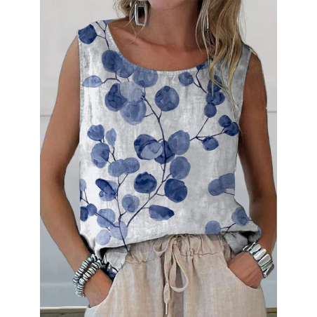Women Sleeveless Tank Top Camisole Summer Floral Printing Crew Neck Daily Casual Top