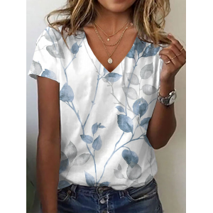 Women Floral Short Sleeve Tee T-shirt V Neck Printing Casual Summer Graphic Tee Top