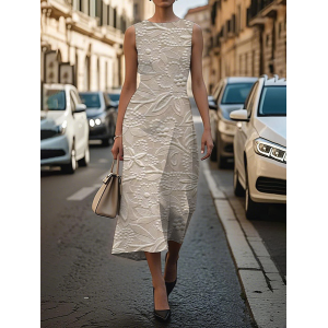 Women Floral Sleeveless Summer Printing Dress Crew Neck Daily Vintage Maxi Shift Dress H-Line Dress