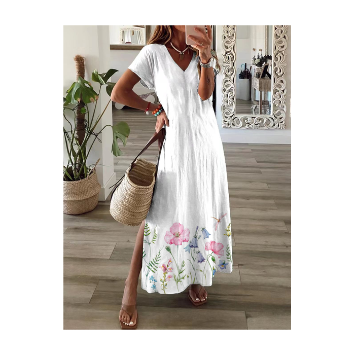 Women Floral Short Sleeve Summer Printing Dress V Neck Daily Casual Maxi T-Shirt Dress X-Line Dress