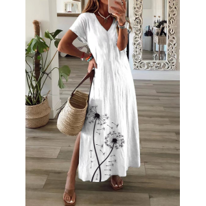 Women Floral Short Sleeve Summer Printing Dress V Neck Daily Casual Maxi T-Shirt Dress X-Line Dress