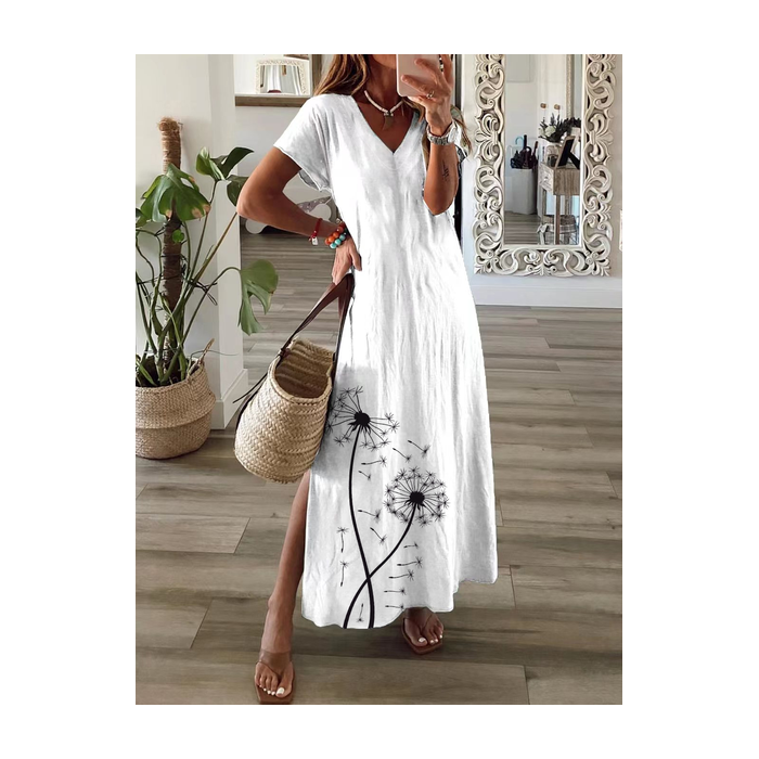 Women Floral Short Sleeve Summer Printing Dress V Neck Daily Casual Maxi T-Shirt Dress X-Line Dress