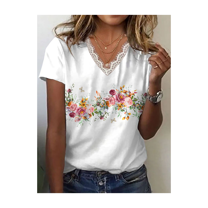 Women Floral Short Sleeve Tee T-shirt V Neck Printing Casual Summer Graphic Tee Top